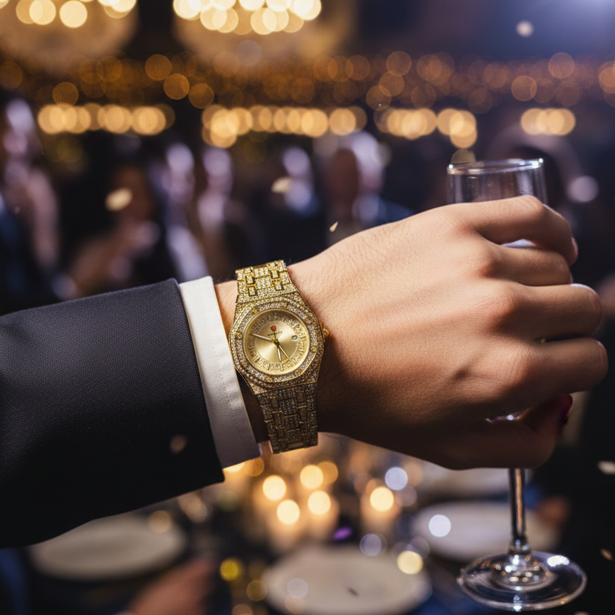 Luxury Gold Diamond-Studded Wrist Watch – Premium Designer Style Quartz Watch for Men & Women (Without Box) - Image 4