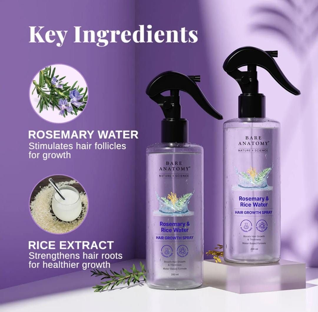 Bare Anatomy Rosemary & Rice Water Hair Growth Spray – 200ml | Strengthen & Thicken Hair | Made In India - Image 3