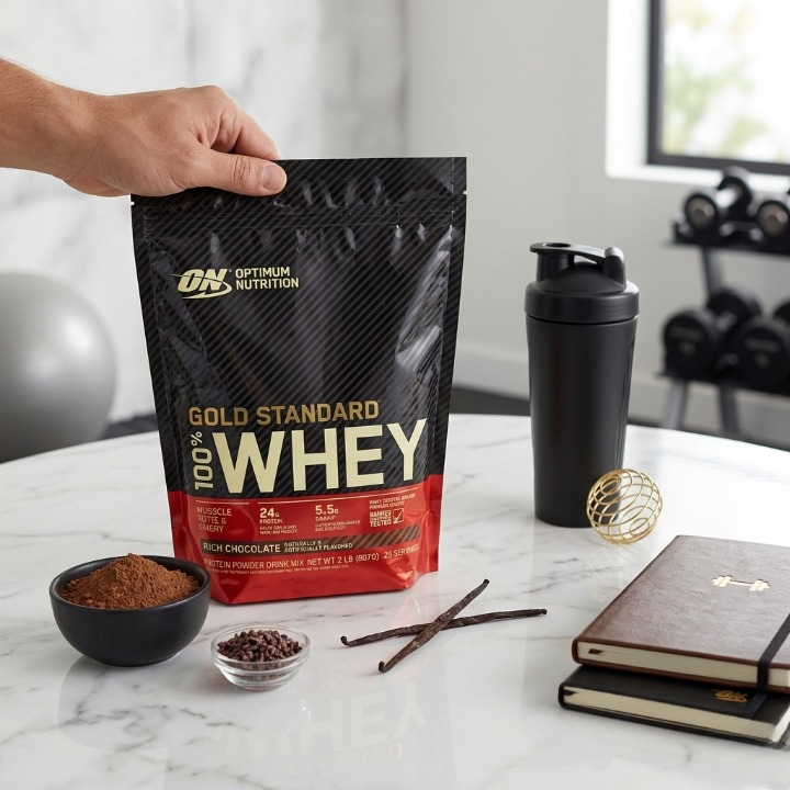 Optimum Nutrition ON Whey Powder Gold Standard Chocolate Flavor 1kg 2lbs Pouch For Muscle Gain - Image 2