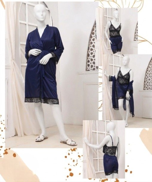 Women's Luxury Silk Nightwear Set with Black Lace – 3 Piece Robe & Slip Dress SKU R-011 Free Size - Image 3