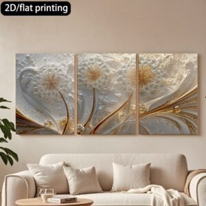 Luxury 3-Piece Floral Wall Frame Set – Gold & Pearl Dandelion Art on Textured Background