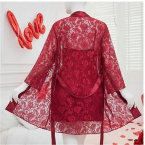 Soft Lace Robe & Silk Inner – 2 Piece Transparent Net Gown Set | Free Size (Fits Up to 38” Chest)