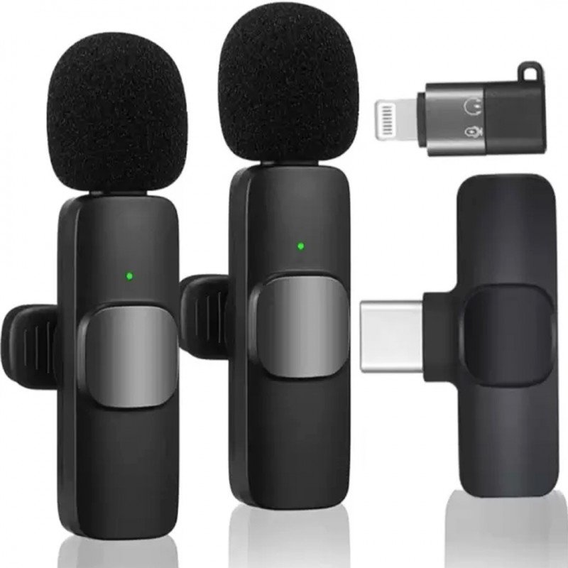 K11 2-in-1 Dual Wireless Collar Microphone Type-C & Lightning Omnidirectional Lavalier Mic for iPhone, Android, and Vlogging