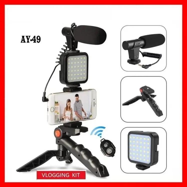 AY-49 Vlogger Kit | Microphone, LED Fill Light, Mini Tripod & Mobile Holder with Remote – Complete Video Making Set for Vlogging With Bluetooth Remote