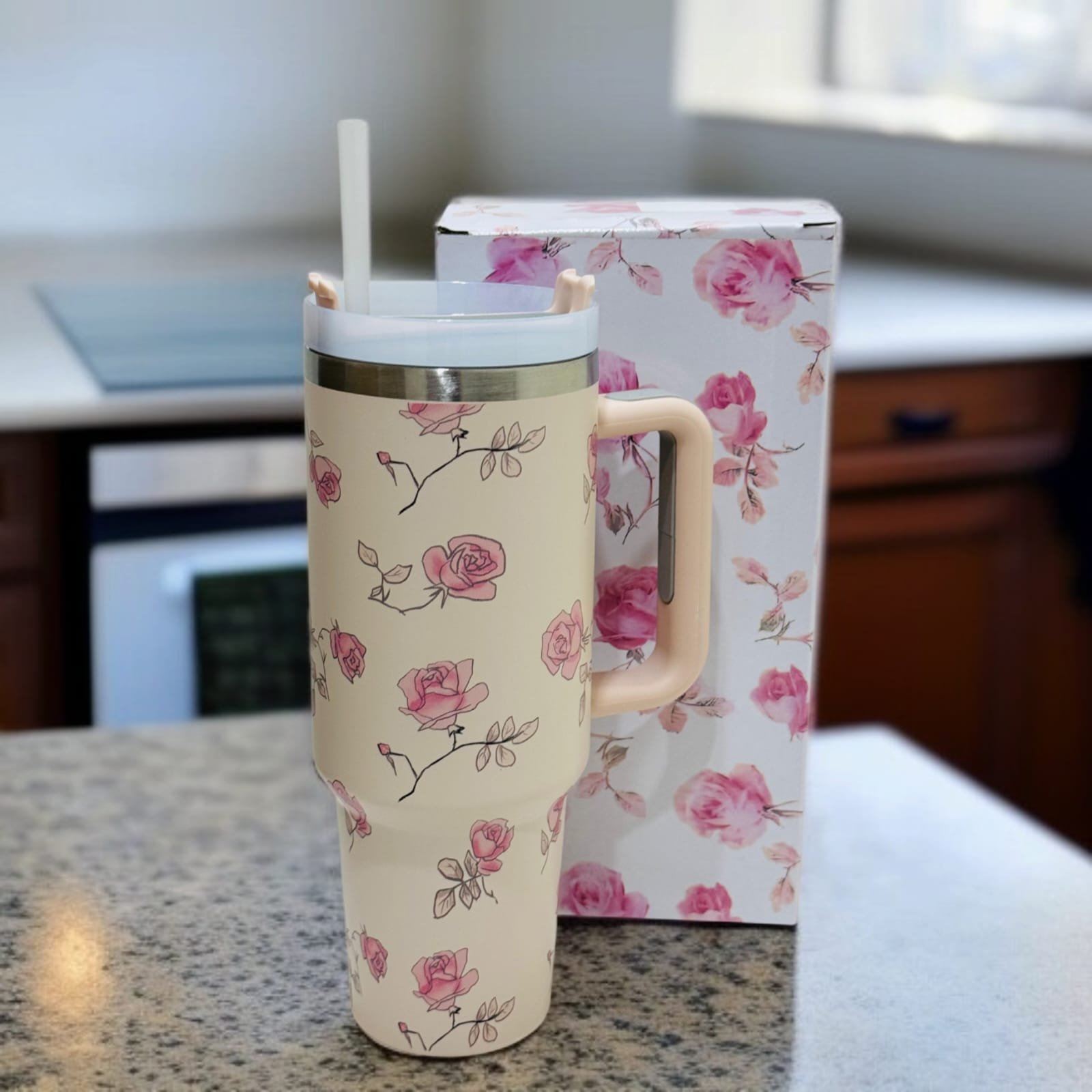 Floral Insulated Travel Tumbler with Ergonomic Handle and Leak-Resistant Lid – 40oz Double-Wall Vacuum Flask ( Random Color ) - Image 2