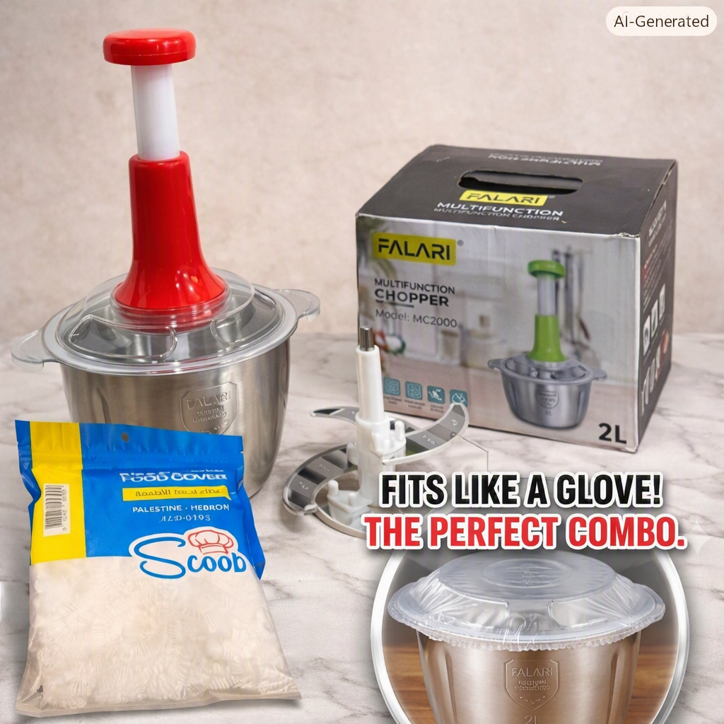 Kitchen Fresh Prep Combo Deal – 2L Manual Hand Press Vegetable Chopper, Meat Mincer & 100 Elastic Stretchable Food Covers - Random Color - Image 2