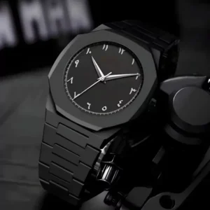 Black Minimalist Analog Wrist Aura Watch With Stainless Steel Strap And Butterfly Lock