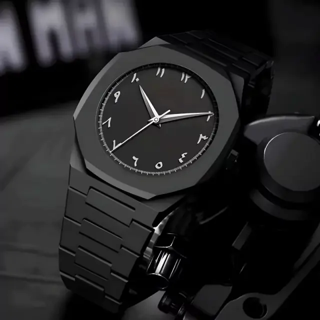 Black Minimalist Analog Wrist Aura Watch With Stainless Steel Strap And Butterfly Lock