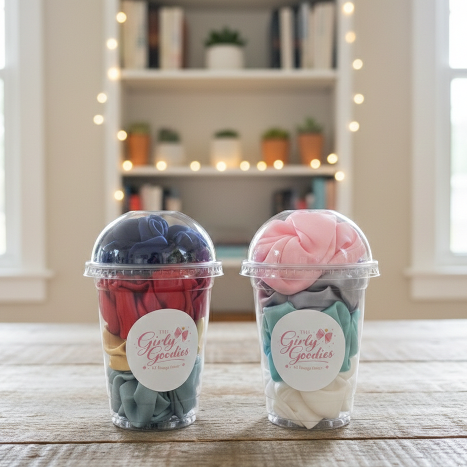 4Pc Colorful Satin Scrunchie Set In Clear Dome Lid Cups With Girly Goodies Label (Random Colour) - Image 2