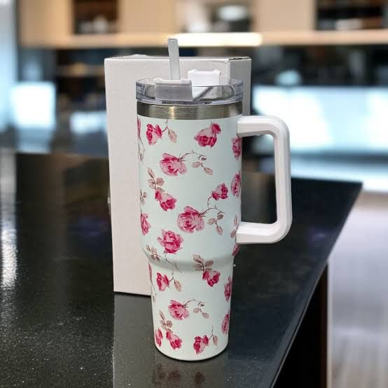Floral Insulated Travel Tumbler with Ergonomic Handle and Leak-Resistant Lid – 40oz Double-Wall Vacuum Flask ( Random Color ) - Image 5
