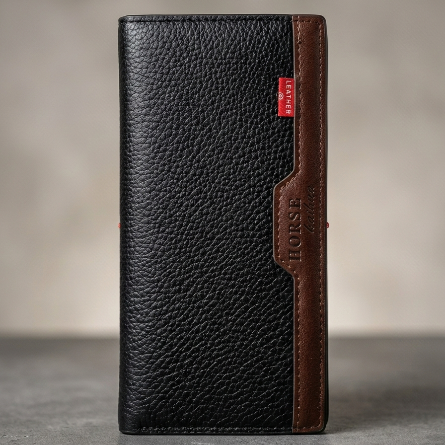 Horse Wallet for Men | Black with Brown & Camel Brown Accent | Premium Leather Long Wallet