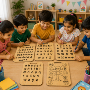 Educational Wooden Tracing Board Set 5 Pcs – Urdu, English, Numbers & Body Parts Learning Boards