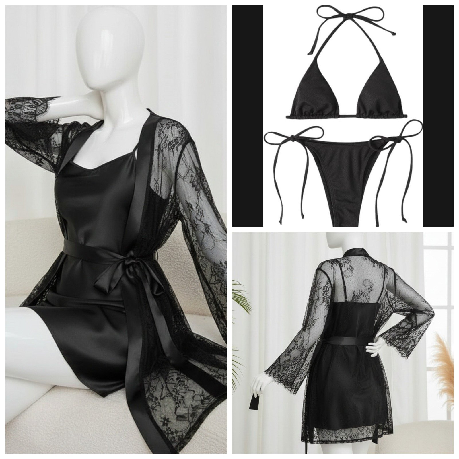 4 Piece Women’s Transparent Net Gown Set – Soft Lace Robe with Silk Inner, Bra & Panty | Free Size - Up to 38 Chest (DC-4052) - Image 3