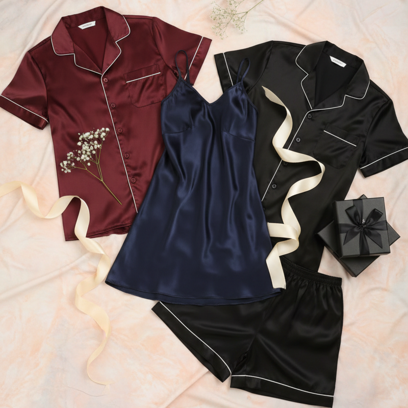 Couple Silk Night Suit / Sleepwear Set – Shirt & Shorts with Slip Dress | SKU DC-C013 (3 Pcs) - Image 4