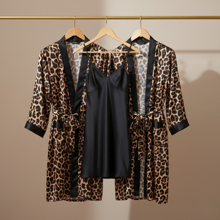 Couple Leopard Print & Black Satin Sleepwear Set – 4 Pcs Robe & Nightdress Set (DC-1021) - Image 3