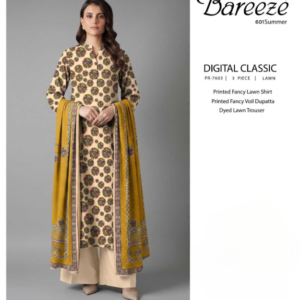 Bareeze Digital Classic 3 Piece Printed Lawn Suit – Shirt, Voil Dupatta & Trouser