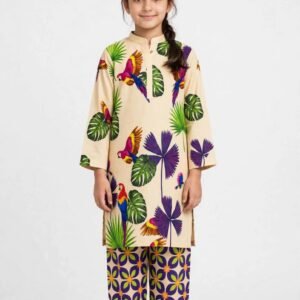 Girls Beige Printed Stitched Co Ord Set With Long Sleeve Shirt And Matching Trouser