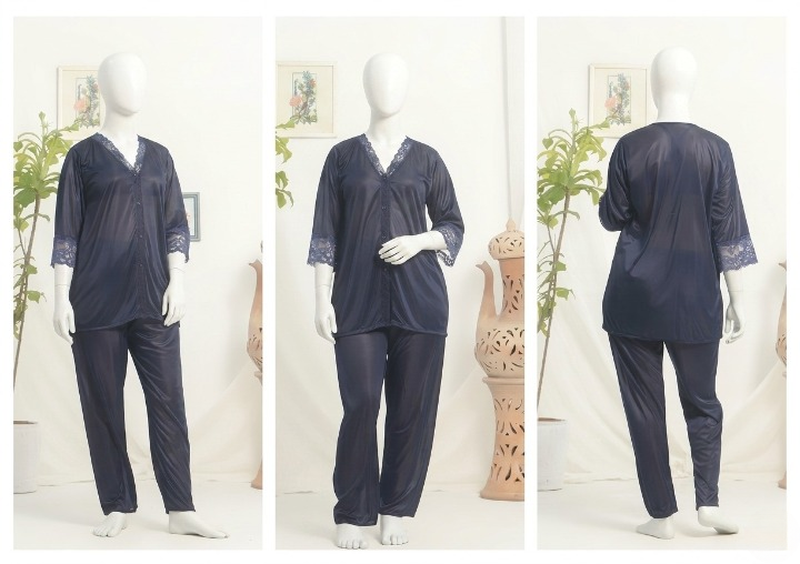 Women’s Luxury Silk Satin Pajama Set with Elegant Lace Trim SKU R-010 Free Size - Image 3