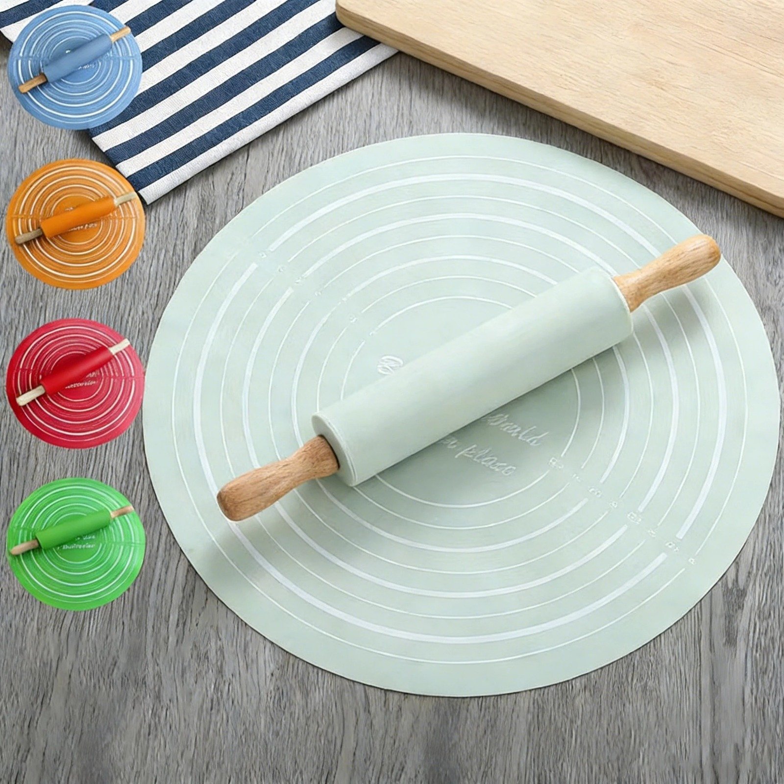 Silicone Dough Mat With Rolling Pin Set | Extra Thick Non-Slip Baking Mat For Pizza & Bread | Random Color - Image 2