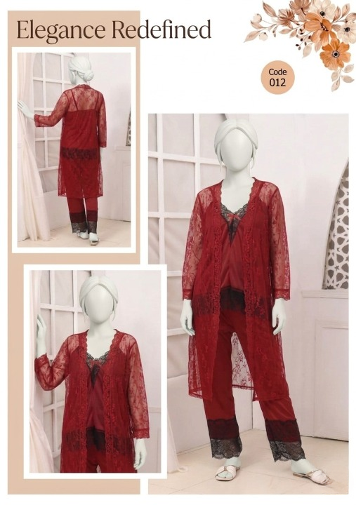 3 Pcs Premium Silk & Net Black Lace Women's Sleepwear Set Top Trouser & Gown (Size free) - Image 3