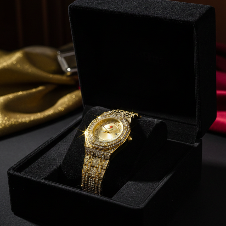 Luxury Gold Diamond-Studded Wrist Watch – Premium Designer Style Quartz Watch for Men & Women (Without Box) - Image 2