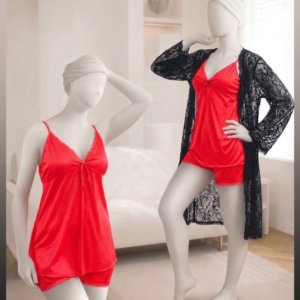 3-Piece Women's Sleepwear Set – Camisole, Shorts & Lace Gown Soft Satin Nightwear Free Size