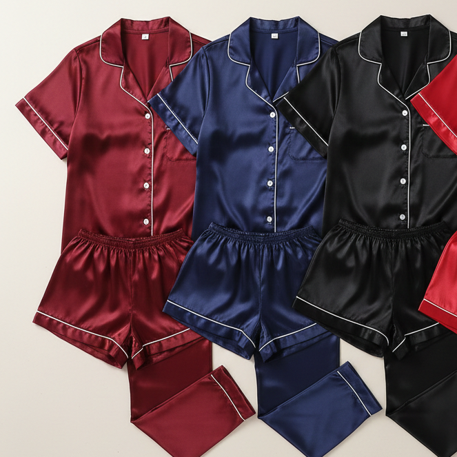 Couple Night Suit / Silk Satin Sleepwear Set – Short & Long Style Combo (4 Pcs) | SKU: DC-C009 - Image 4