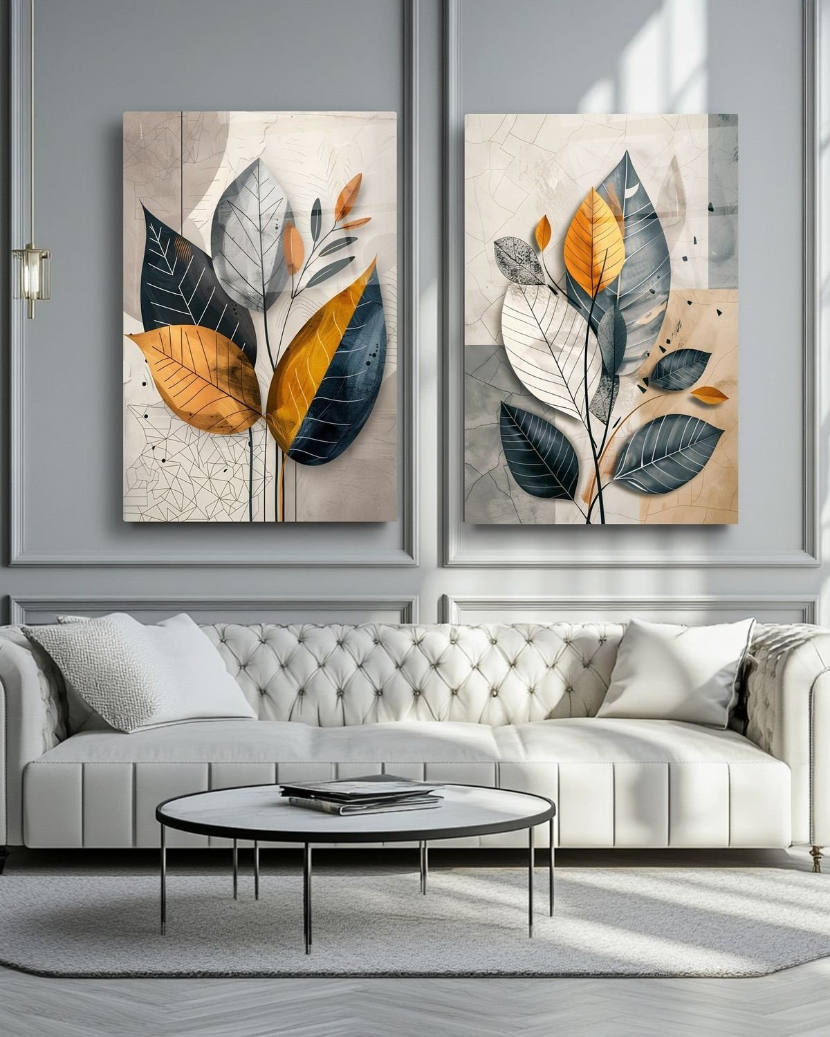 Modern 2-Piece Abstract Flower Wall Frame Set – Navy, Mustard & Gray Leaf Designs