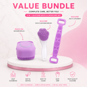 3 in 1 Silicone Bath & Skincare Value Bundle – Shower Brush, Back Scrubber & Face Cleansing Brush Set