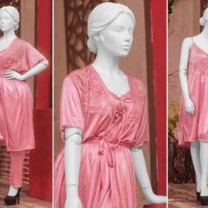 3 Pcs Luxury Silk Nightwear Set with Lace Trim – Satin Sleepwear for Women Free Size