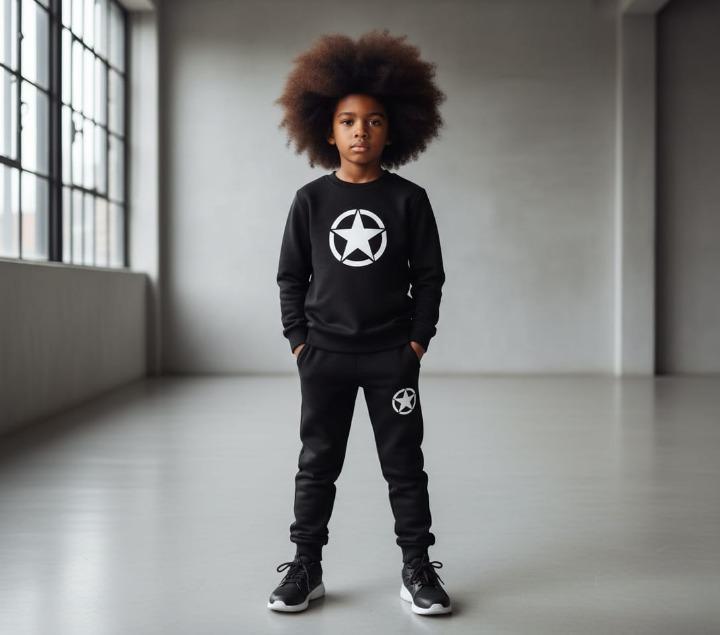 Kids Star Printed Black & Black Tracksuit Set | Winter Fleece Sweatshirt & Trouser Outfit for Boys & Girls – Warm & Trendy FOR BABY AND KIDS - Image 2