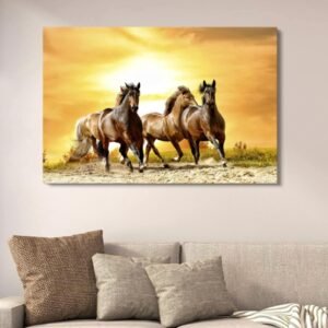 Golden Sunset Running Horses Canvas Art | Seven Horses Vastu Wall Decor | Artistic Animal Painting for Home | 12x16 Inches