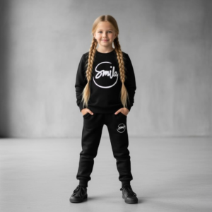 Kids SMILE Printed Stylish Black & Black Tracksuit Set | Winter Fleece Sweatshirt & Trouser Outfit for Boys & Girls – Warm & Trendy FOR BABY AND KIDS