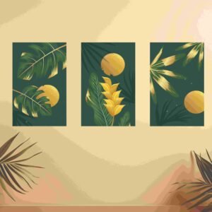 Set Of 3, Abstract Sun Leaf wall Art Photo Canvas wooden Tile Frame
