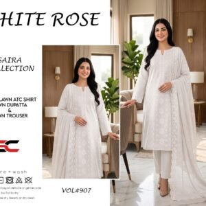 3 Pc Saira Collection White Rose Lawn Suit Vol 907 Premium Quality Fabric Elegant Design Comfortable Stylish Practical Choice For Casual And Semi Formal Wear