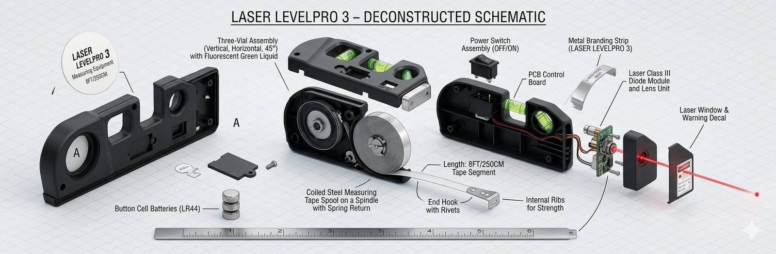 Multipurpose 4-in-1 Laser Level, Ruler, and Spirit Level Tool with Triple Bubble Vials for Precise Home Improvement & Construction Tasks - Image 3