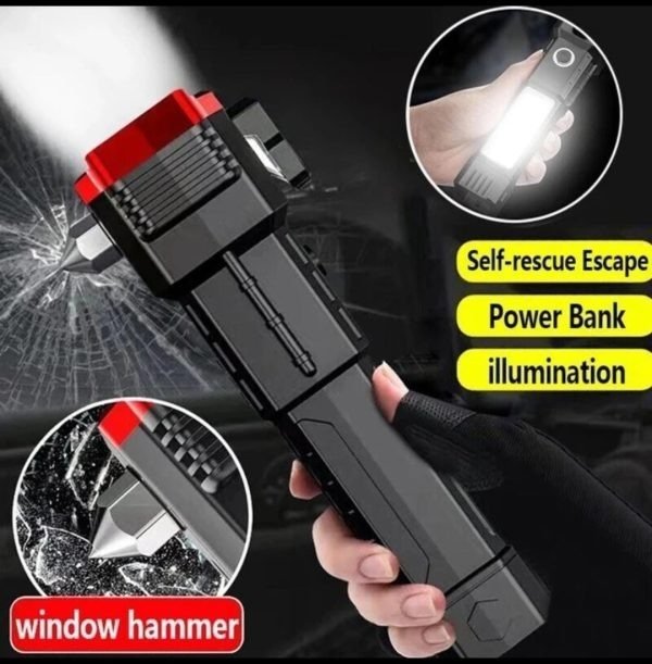 High Power LED Torch Light Rechargeable Flashlight – Multi Functional Emergency Tool With Power Bank, Window Hammer, And Bright Illumination