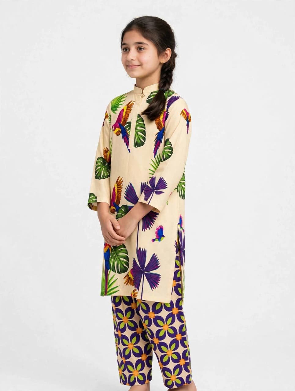 Girls Beige Printed Stitched Co Ord Set With Long Sleeve Shirt And Matching Trouser - Image 3