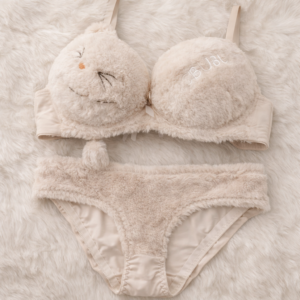 Cute Fur Style Double Padded Woolen Bikini Set – Soft Beige Plush Bra & Panty Lingerie Set
