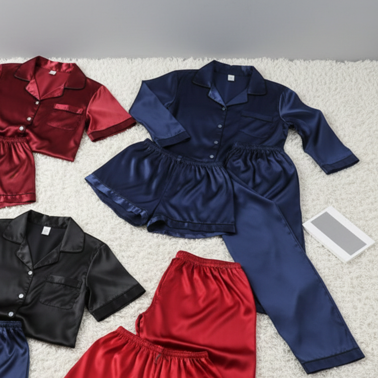 Couple Night Suit / Silk Satin Sleepwear Set – Short & Long Style Combo (4 Pcs) | SKU: DC-C009 - Image 3