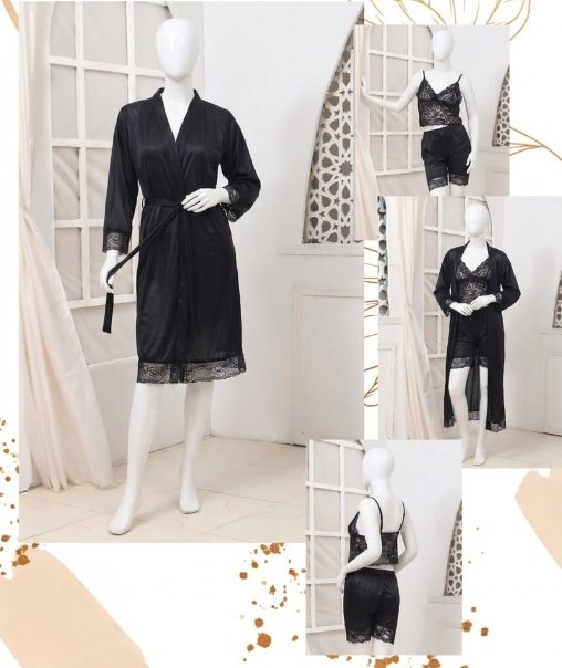 Women's Luxury Silk Nightwear Set with Black Lace – 3 Piece Robe & Slip Dress SKU R-011 Free Size