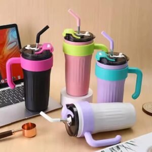 40oz Thermos Travel Mug with Handle, Leakproof Lid & Stainless Steel Straw – Double Wall Insulated Hot & Cold Tumbler - Random Color