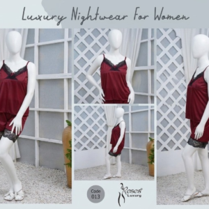 Women's Silk Nightwear Set with Black Lace – 2 Piece Cami Top & Shorts Sleepwear (Free Size) [SKU R-012]