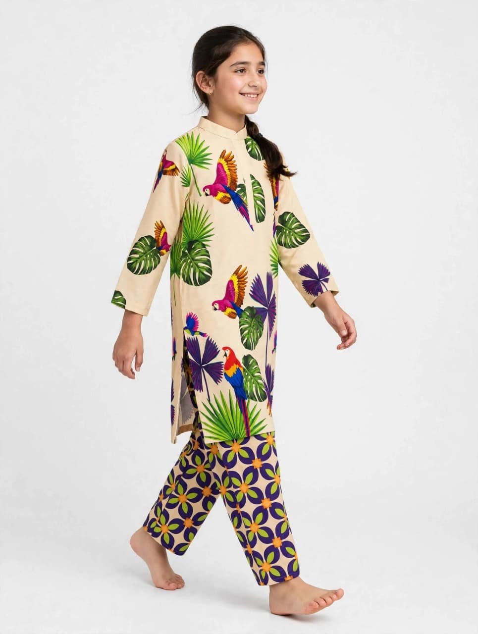 Girls Beige Printed Stitched Co Ord Set With Long Sleeve Shirt And Matching Trouser - Image 5
