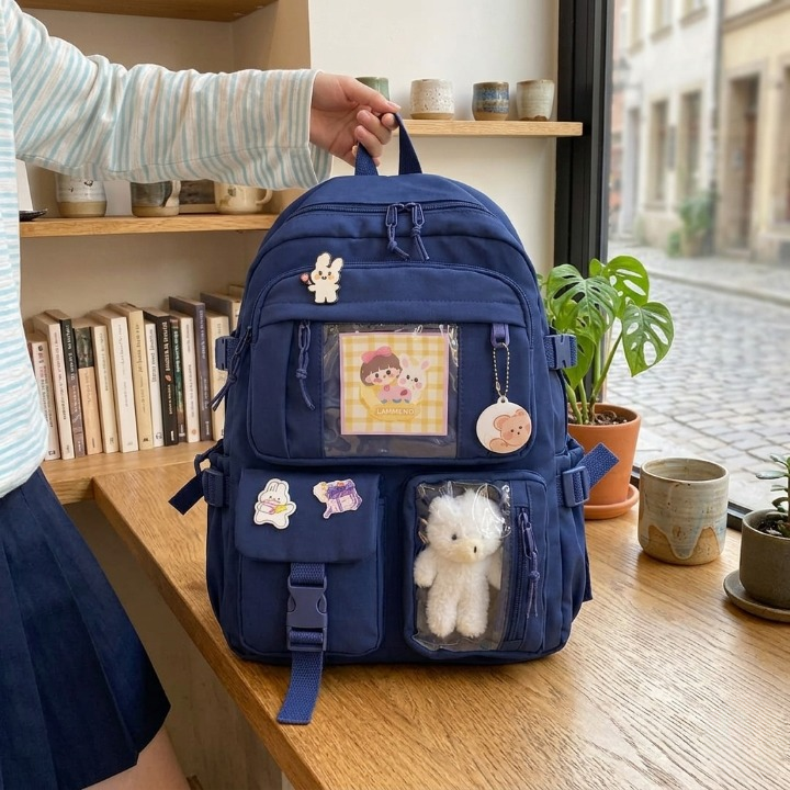 Cute Women Backpack Multi Pocket Canvas School Bag White Student Bag For Teenage Girls - Image 3