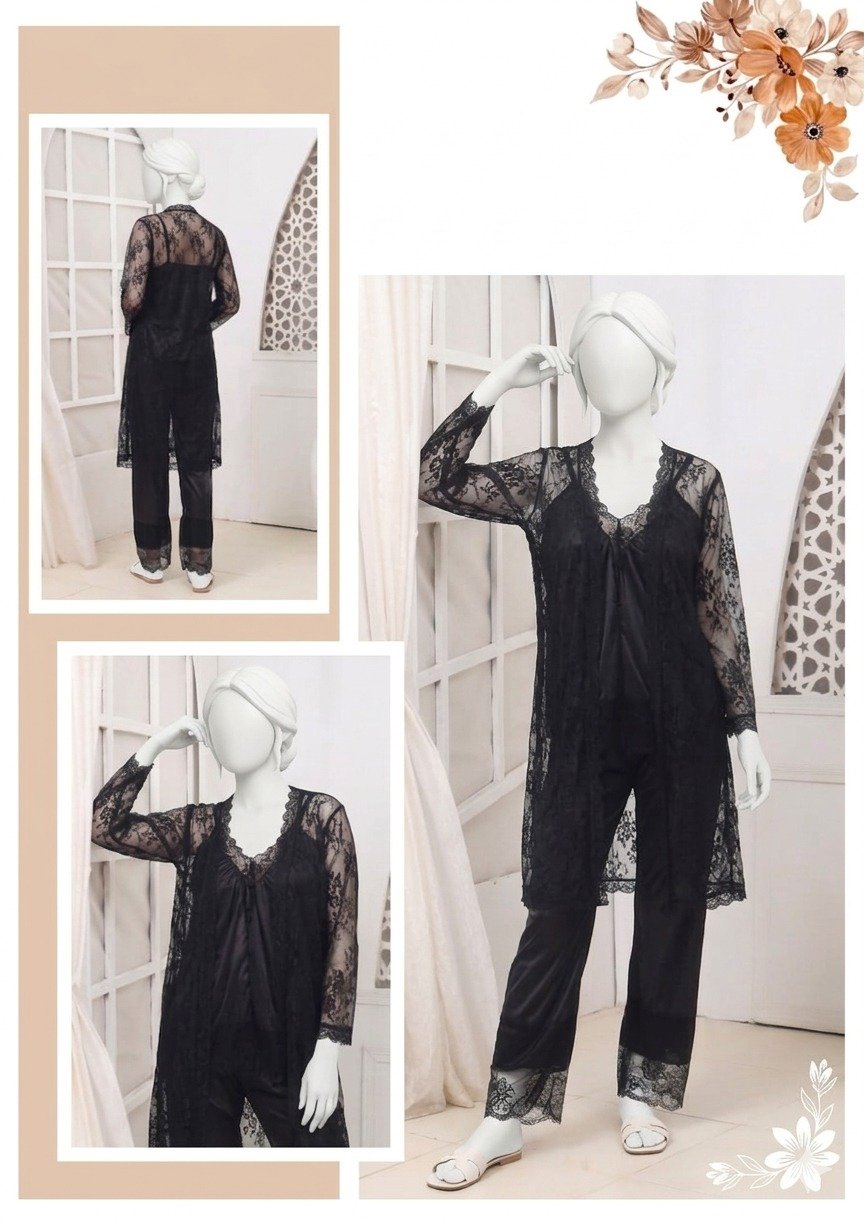 3 Pcs Premium Silk & Net Black Lace Women's Sleepwear Set Top Trouser & Gown (Size free) - Image 2