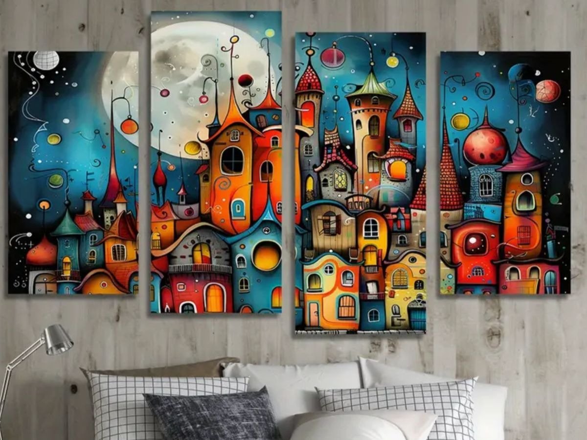 Abstract Fantasy City Wall Art Canvas Set – Colorful Modern Decorative Panels (Size : 2pcs 8*14 & 2pcs 8*16)
