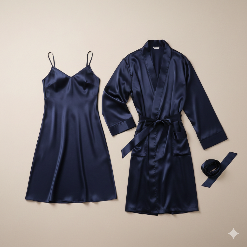 Premium Satin Silk Couple Gown Set (3 Pcs) – Elegant Matching Nightwear for Men & Women | Free Size | SKU: DC-C006 - Image 4