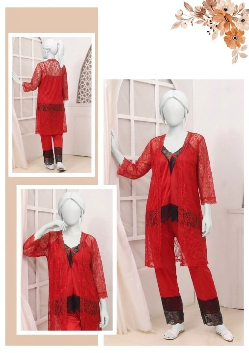 3 Pcs Premium Silk & Net Black Lace Women's Sleepwear Set Top Trouser & Gown (Size free) - Image 4