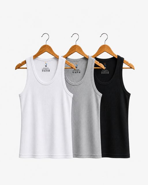 Pack of 3 Cotton Ribbed Vests Set (White, Grey, Black) – BRTWBG20001